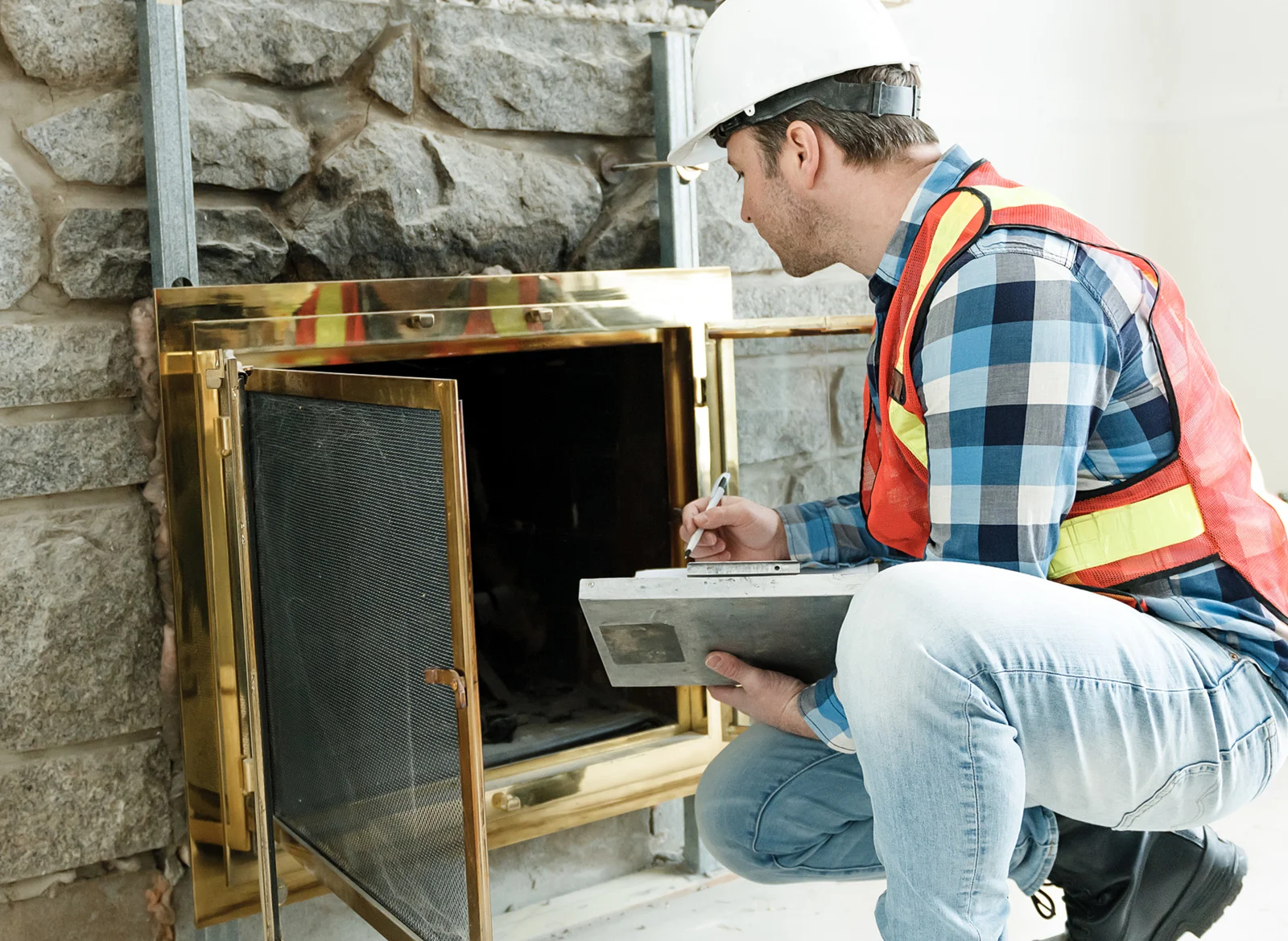 A contractor inspects a fireplace