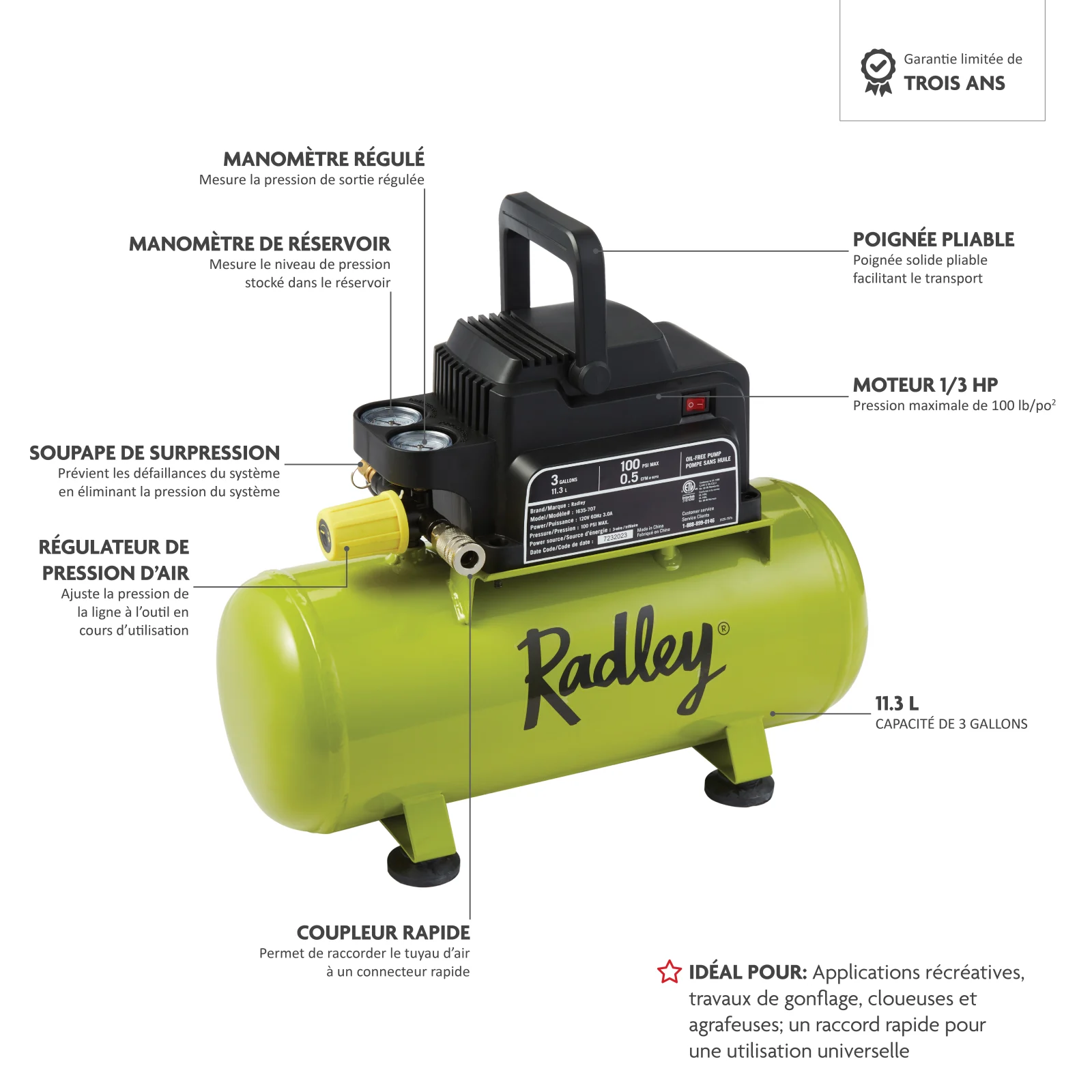 1635707 RADLEY 3 Gal 0.33 HP Air Compressor FR