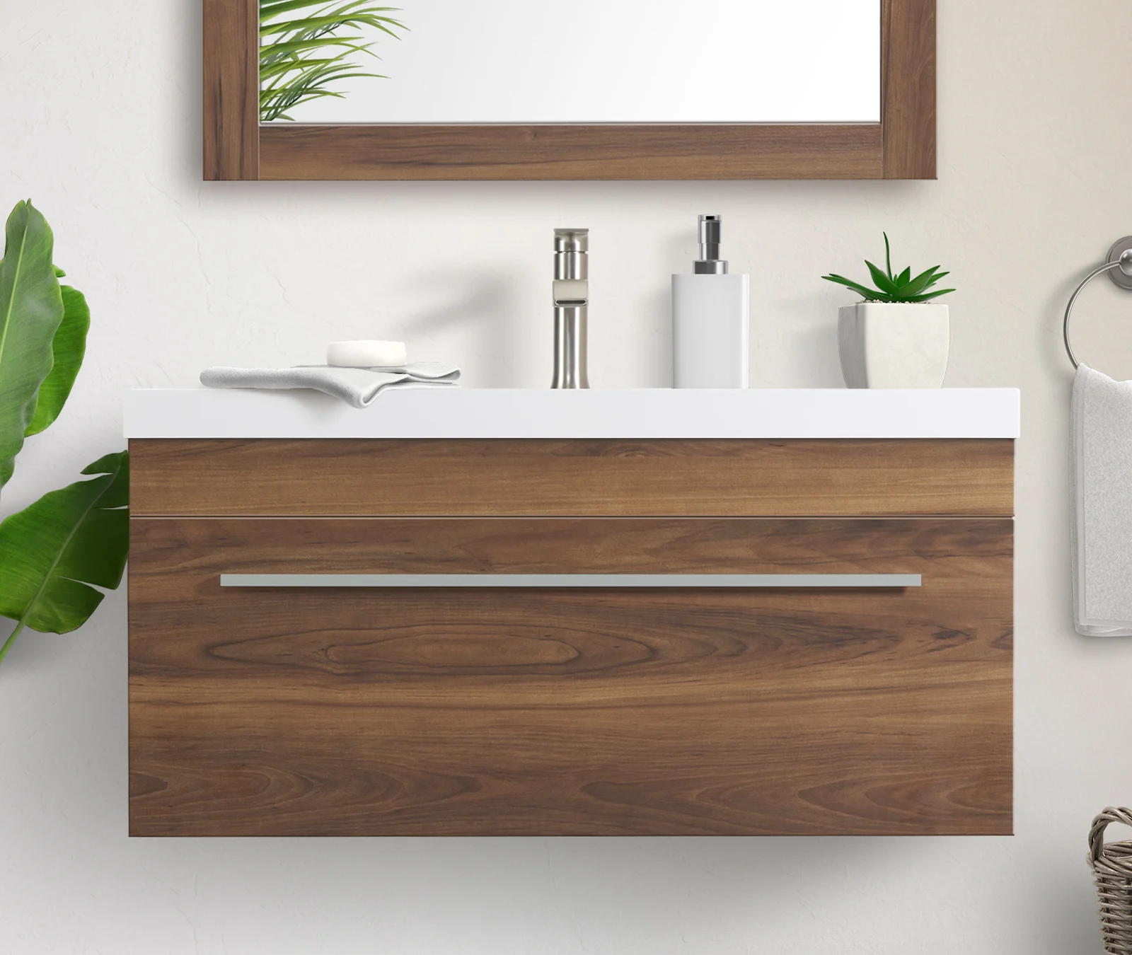 A wooden wall mounted vanity