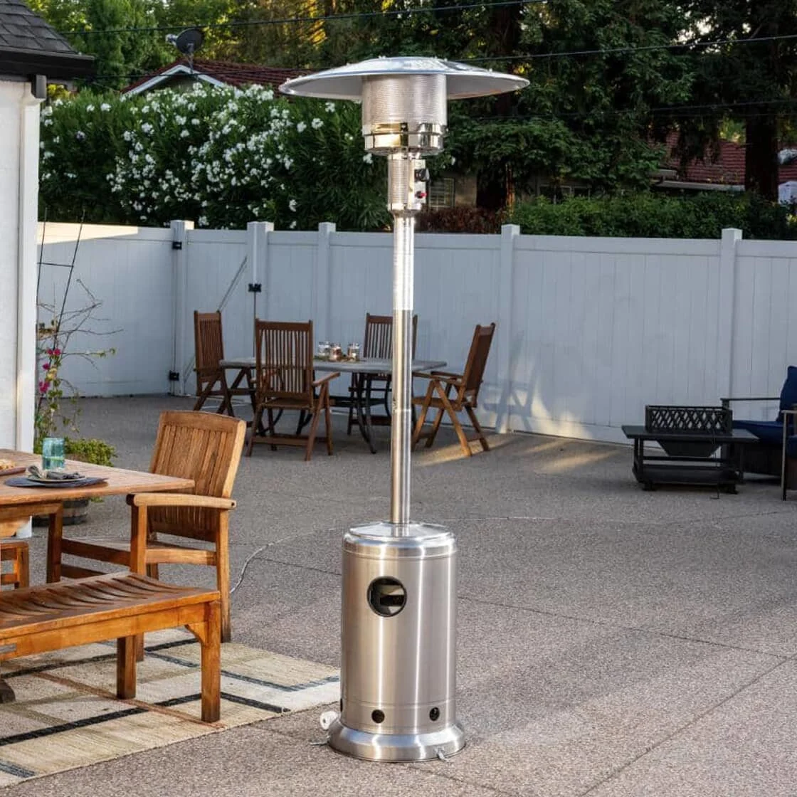 A backyard with an outdoor heater.