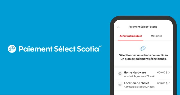 L’interface de téléphone intelligent de la fonction de l’application Paiement Sélect Scotia. 