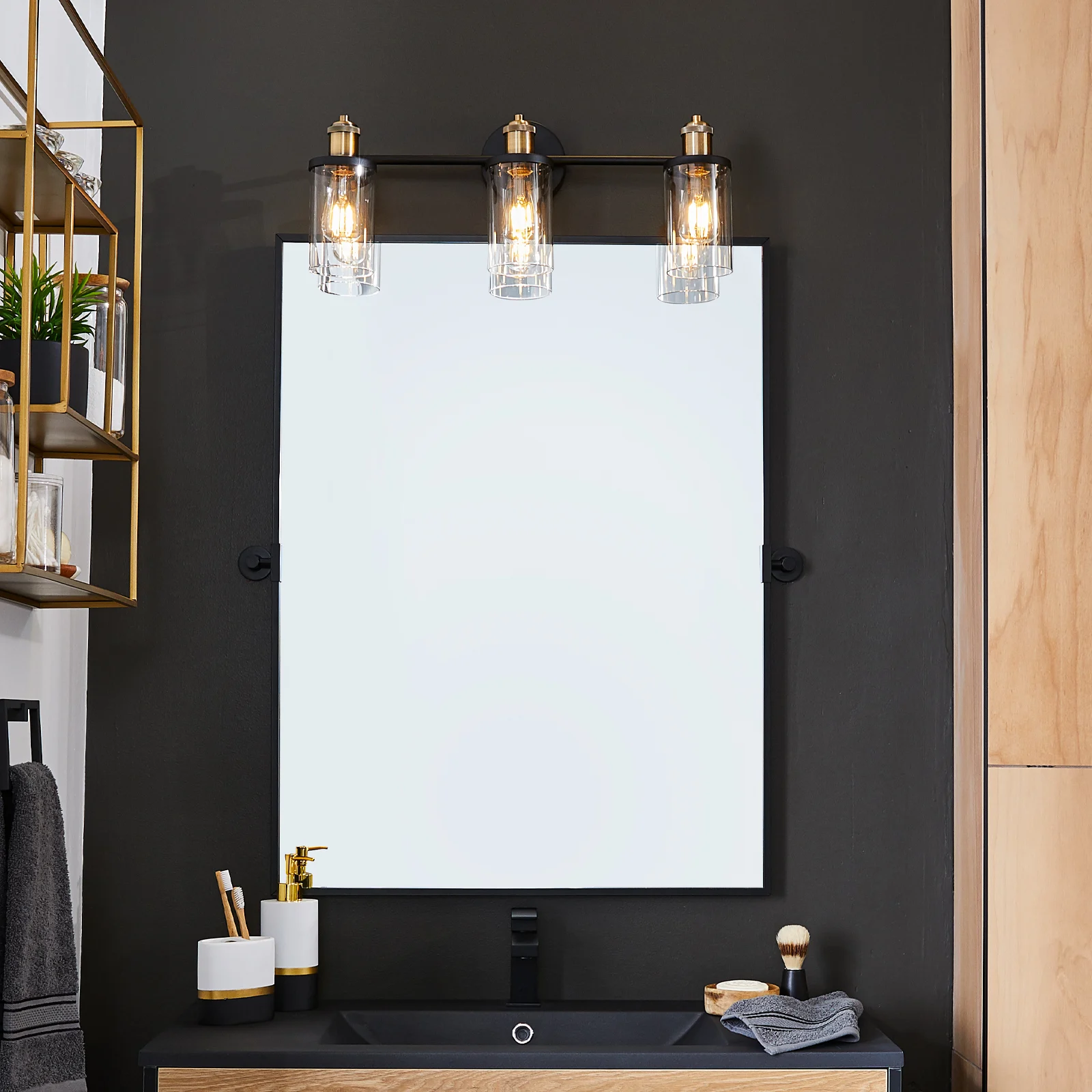 A mirror with vanity lights 