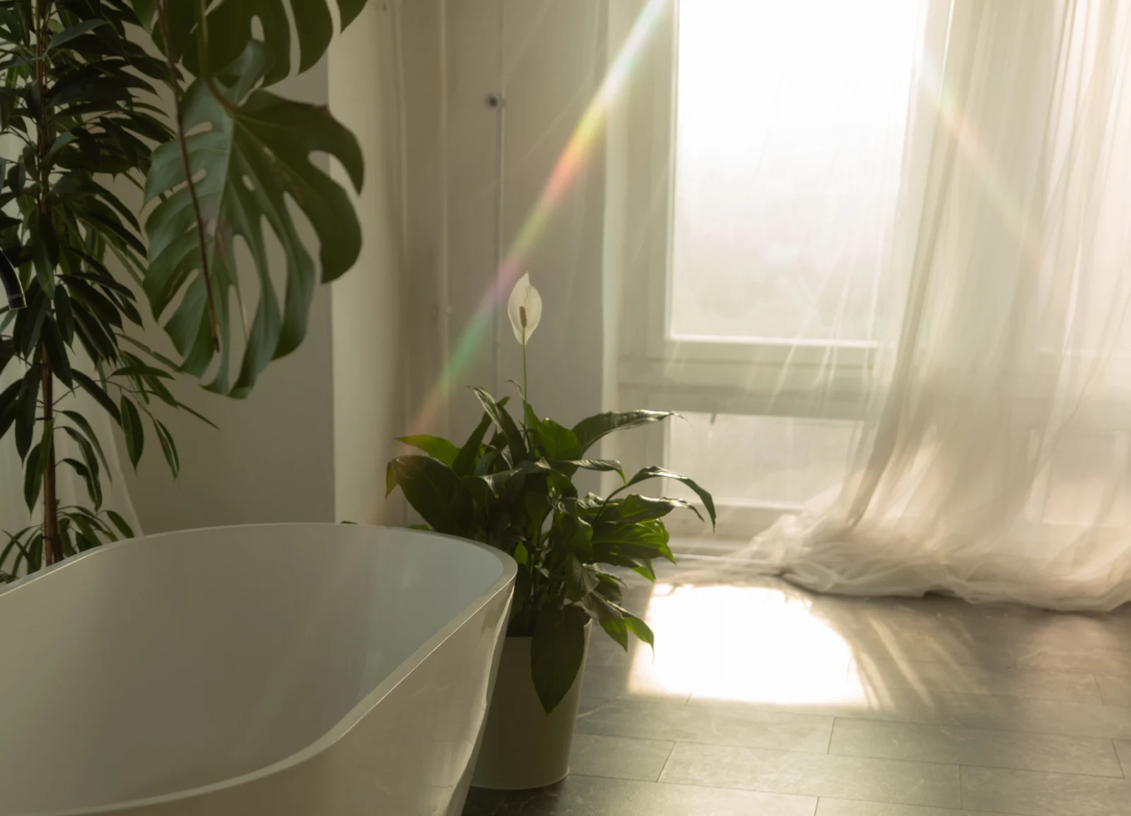 La lumière du soleil traverse une fenêtre et pénètre dans une salle de bain