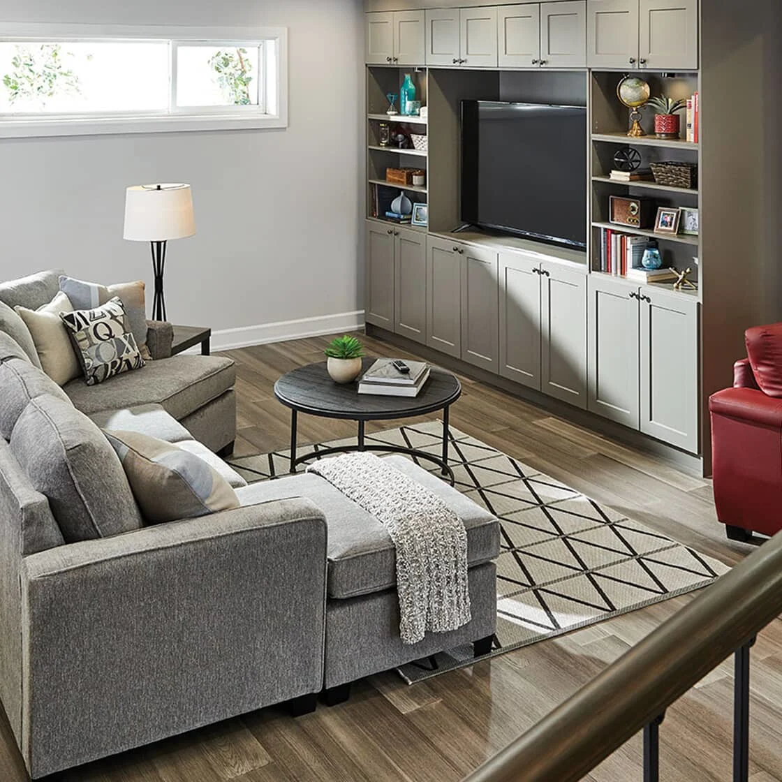 Neutral coloured living room with accent rug