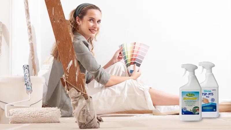 Woman holding paint chip samples and prepping to paint a room