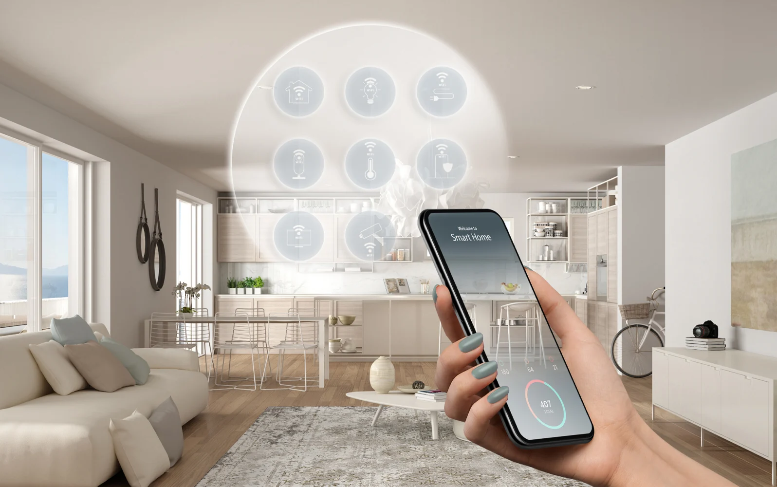 Image of Wifi Icons showing Smart device connectivity throughout a room or home.