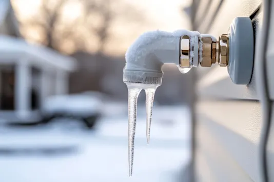 Image d’un robinet extérieur gelé recouvert de glace.