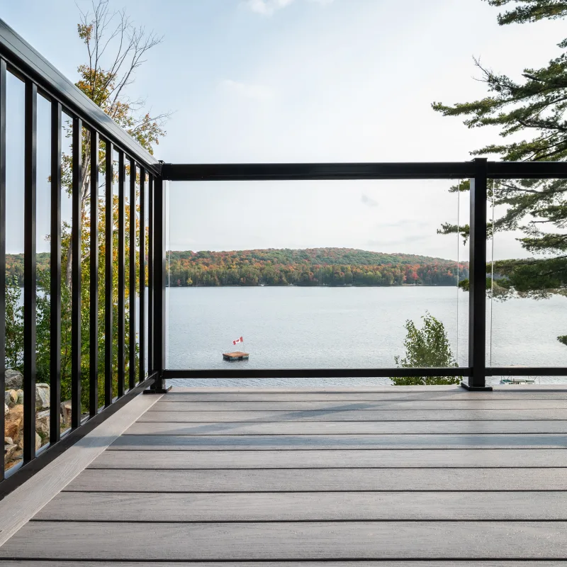A patio with a view of the lake
