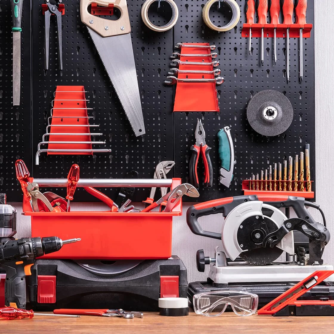 Workbench with a brightly coloured toolbox_1120x1120