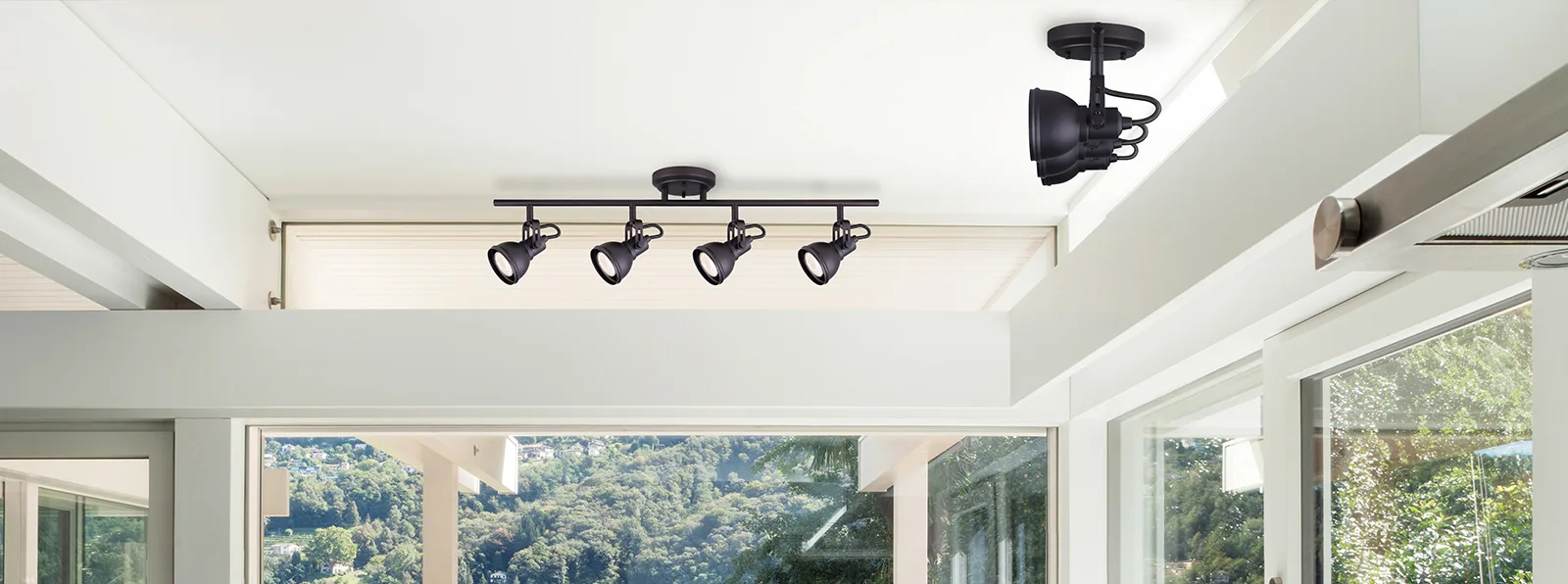 A kitchen with track lighting 