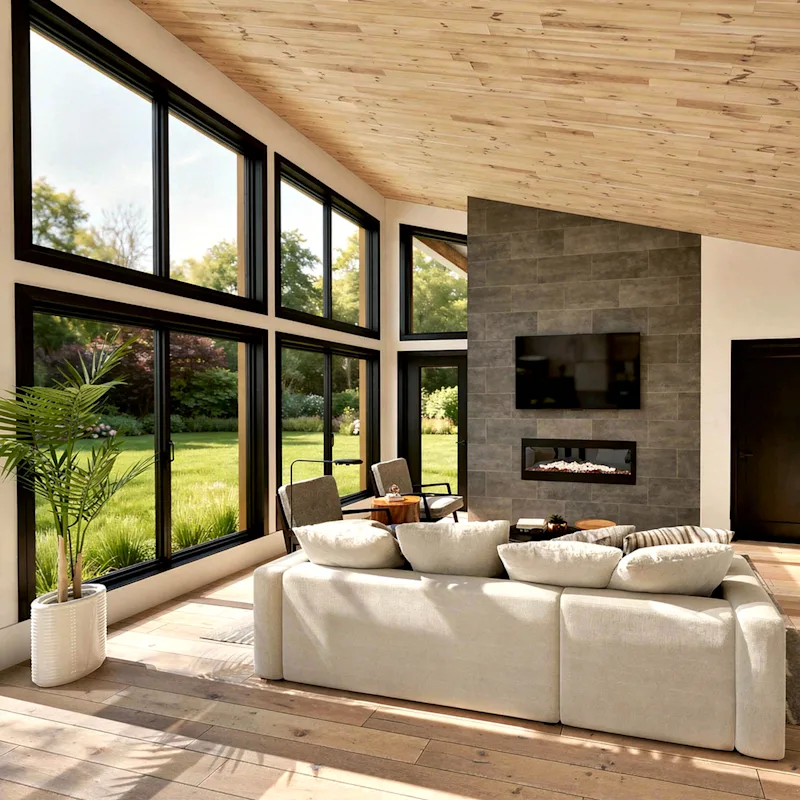 Modern living room with a wall of large windows. 