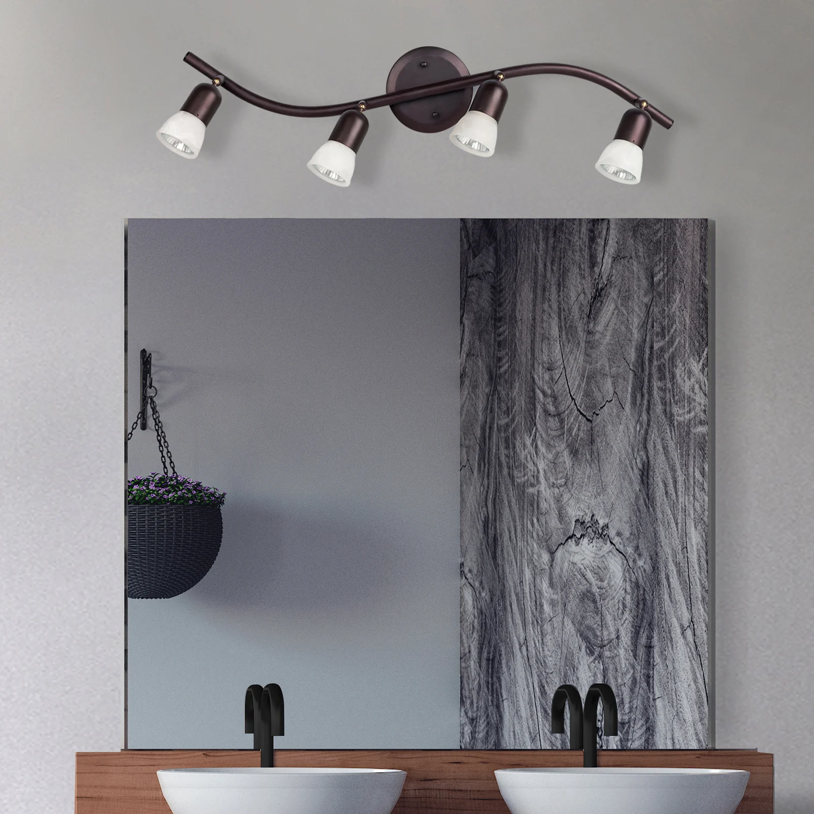 A bathroom with track lighting