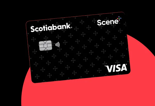 The Scotiabank Scene+ Visa Card on a red background.