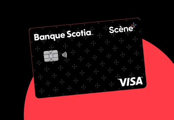La carte Visa Scène+ de la Banque Scotia placée sur un fond rouge.