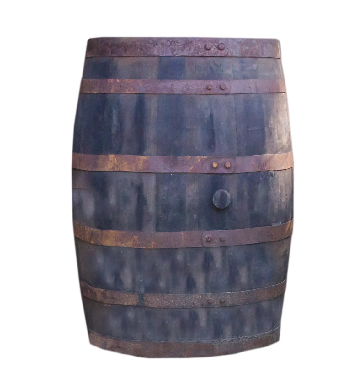 A wooden rain barrel