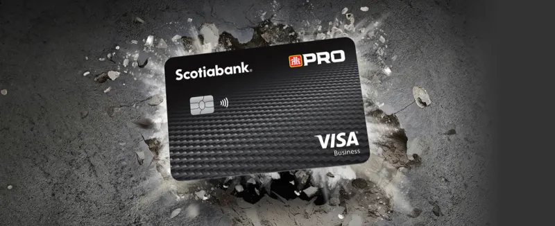 The Scotia Home Hardware PRO Visa Business Card on a background of exploding rocks.