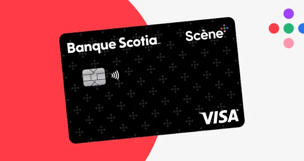 La carte Visa Scène+ de la Banque Scotia placée sur un fond rouge.