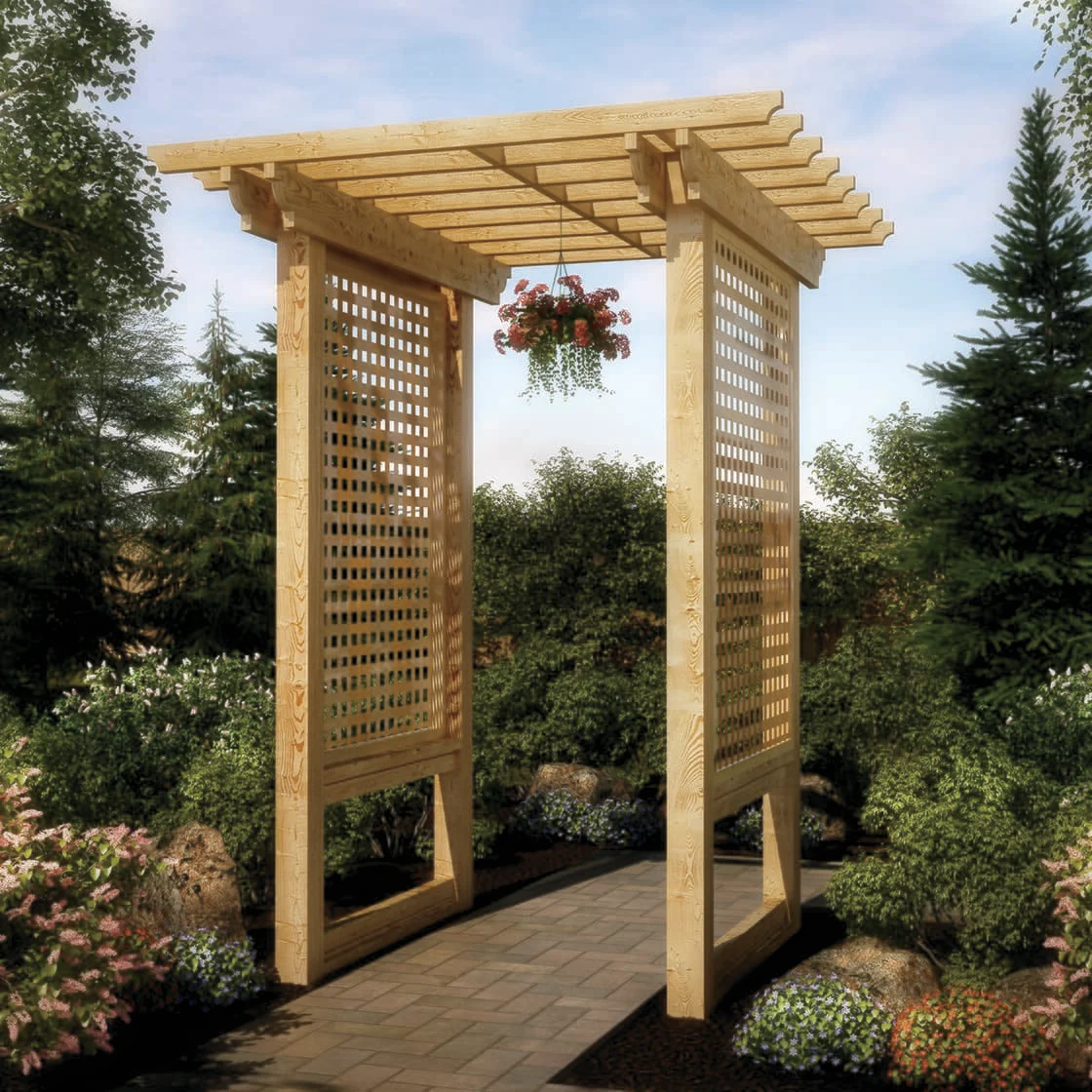A trellis in a garden.