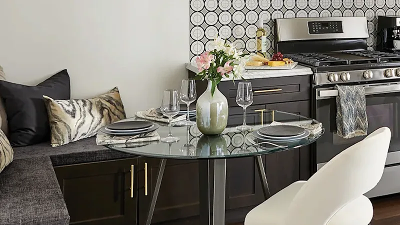 Image of a modern, small space dining and kitchen area