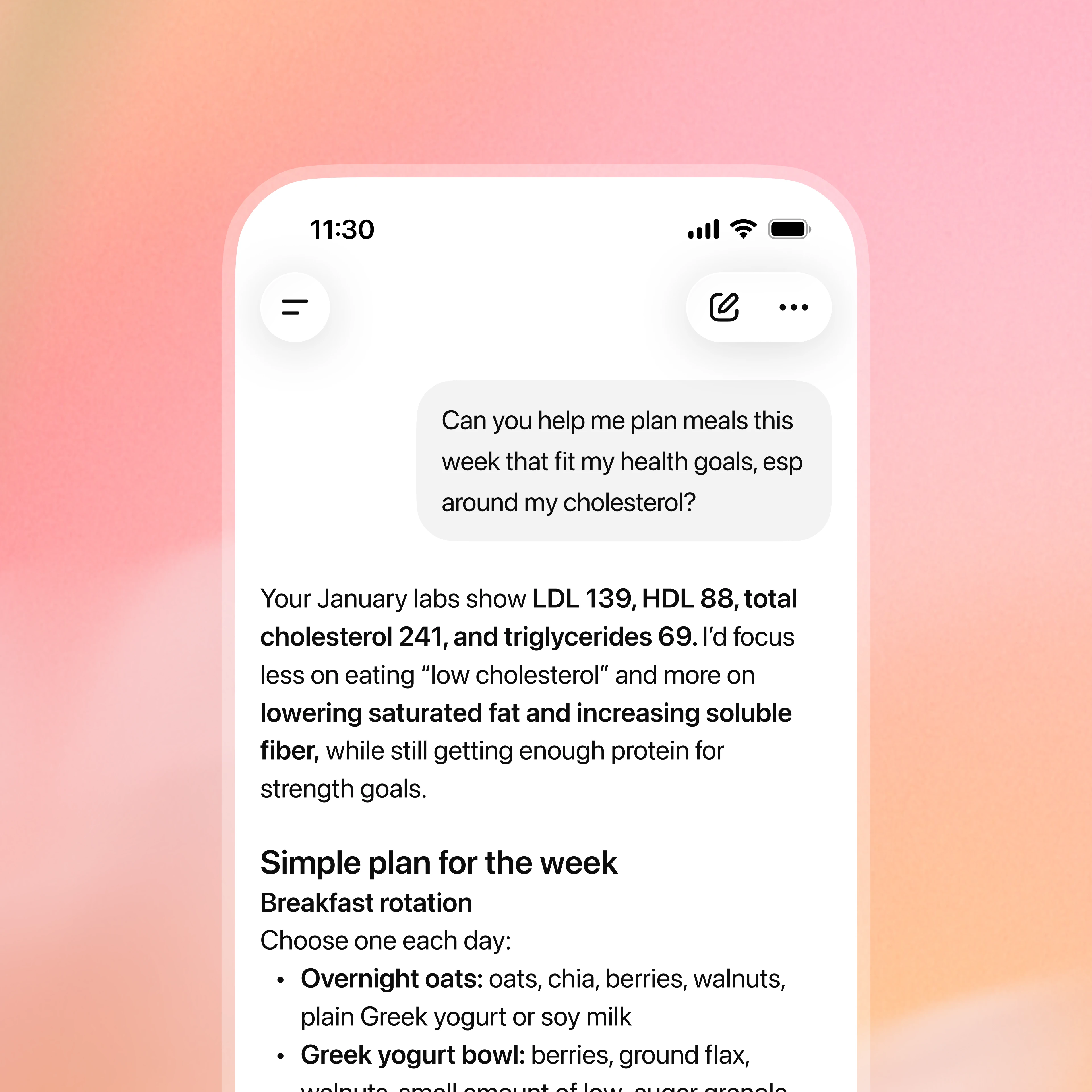 ChatGPT mobile conversation showing a personalized meal-planning response based on connected health data.