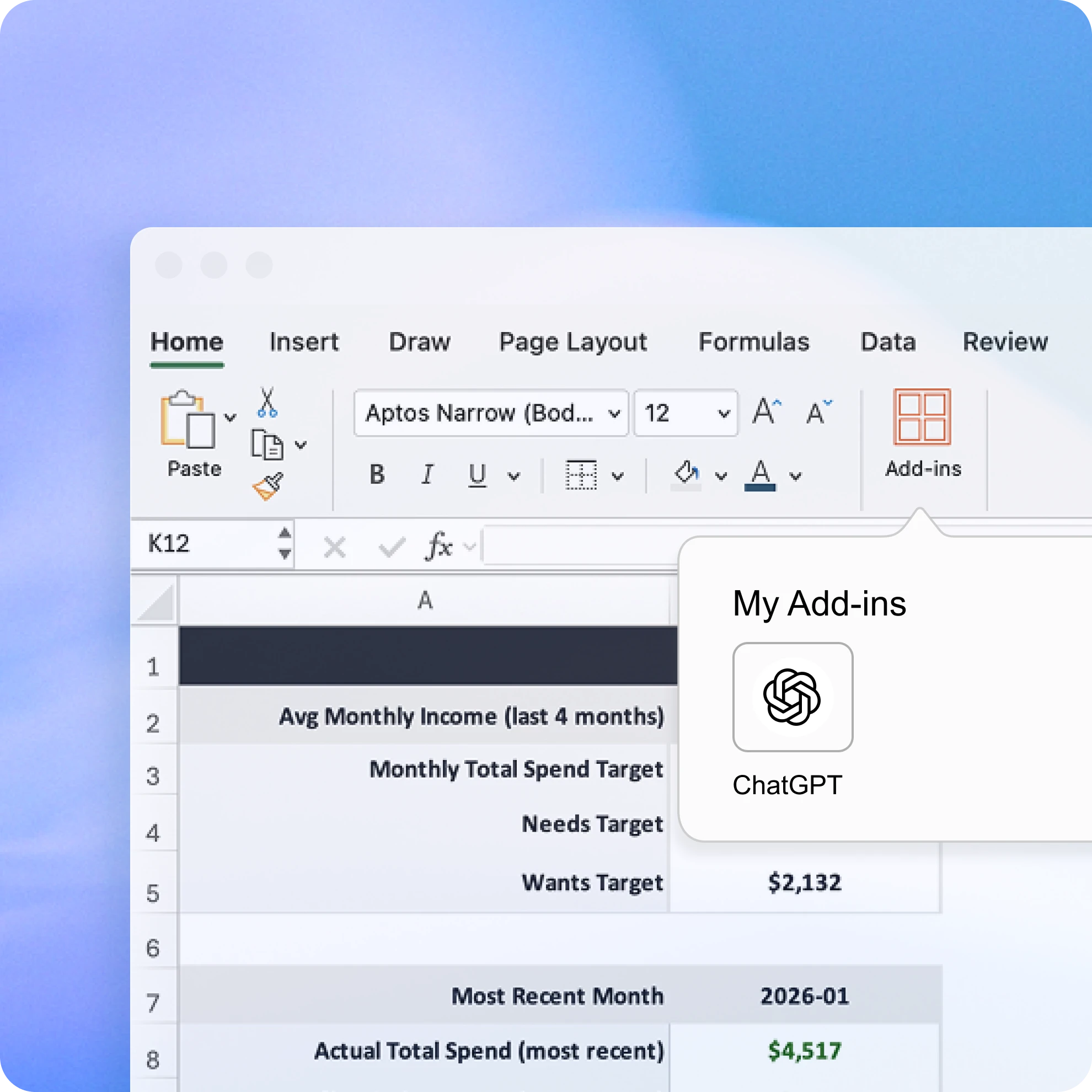 Excel interface showing the ChatGPT add-in available under My Add-ins for installation.