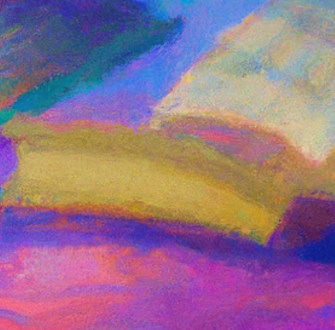 Eine abstrakte Komposition mit satten Farbtönen in Lila, Blau, Gold und Rosa. Die Pinselstriche überlagern sich und gehen ineinander über, sodass sie strukturierte Formen andeuten und das Gefühl einer träumerischen Landschaft oder eines aufgeschlagenen Buches vor einem farbenfrohen Hintergrund hervorrufen.