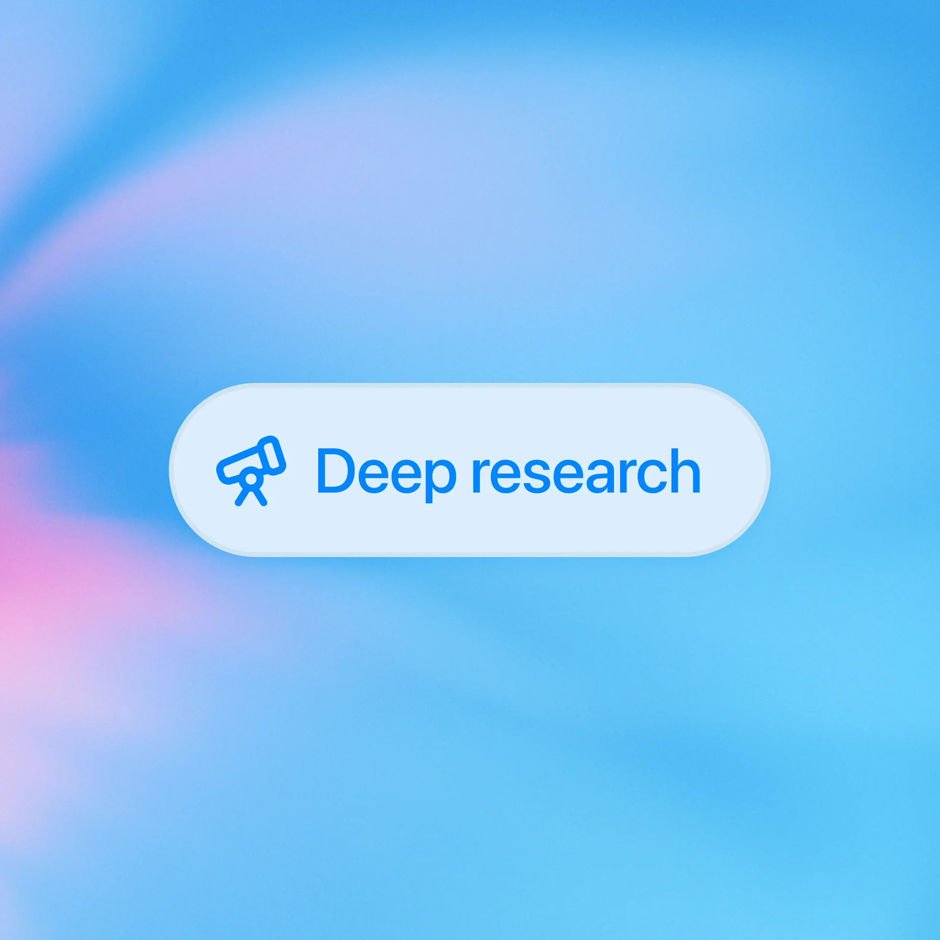 Rounded button labeled “Deep research” with a telescope icon on a blue gradient background.