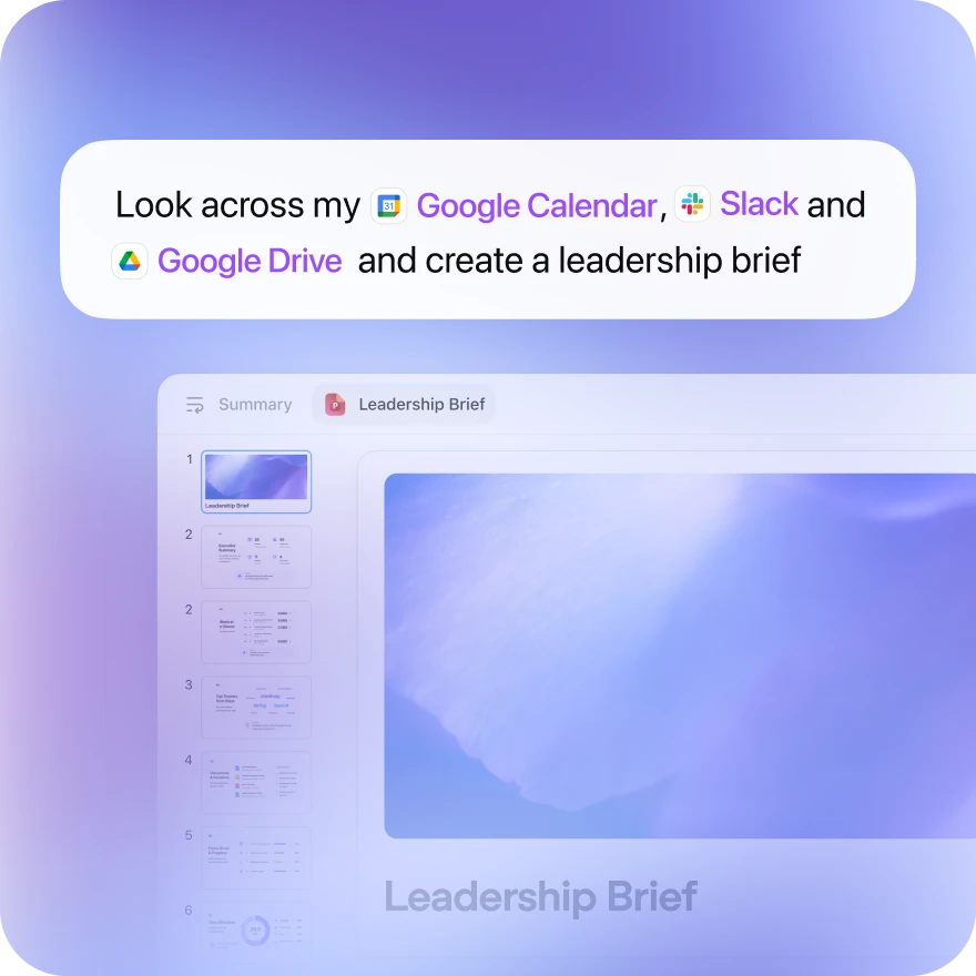 Google Calendar, Slack, Google Drive를 활용해 경영진 보고 자료를 작성하는 ChatGPT Work 프롬프트와 프레젠테이션 초안.