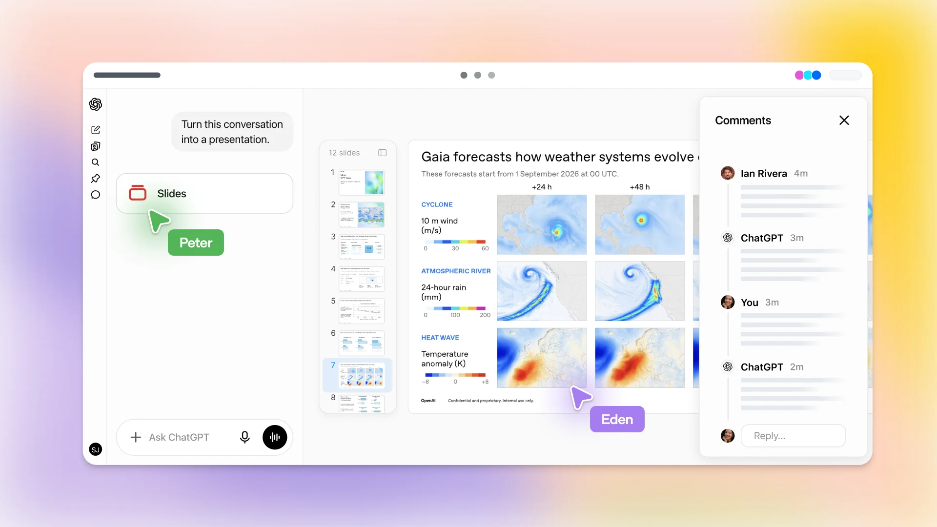 ChatGPT Slides editor with a weather presentation, slide thumbnails, collaborator cursors, and a shared comments panel.