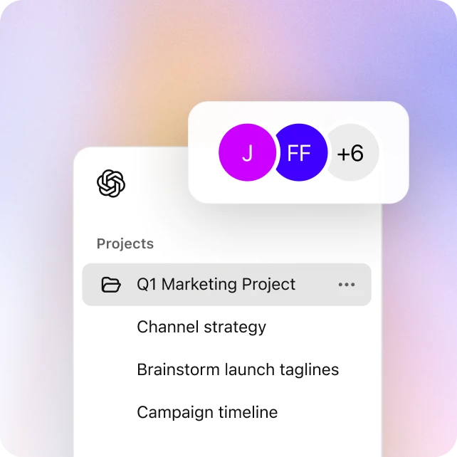Interface mockup showing a project management sidebar labeled “Projects.” The active project, “Q1 Marketing Project,” lists tasks like “Channel strategy,” “Brainstorm launch taglines,” and “Campaign timeline.” A bubble overlay displays team members’ initials (J, FF, +6), indicating collaboration features.