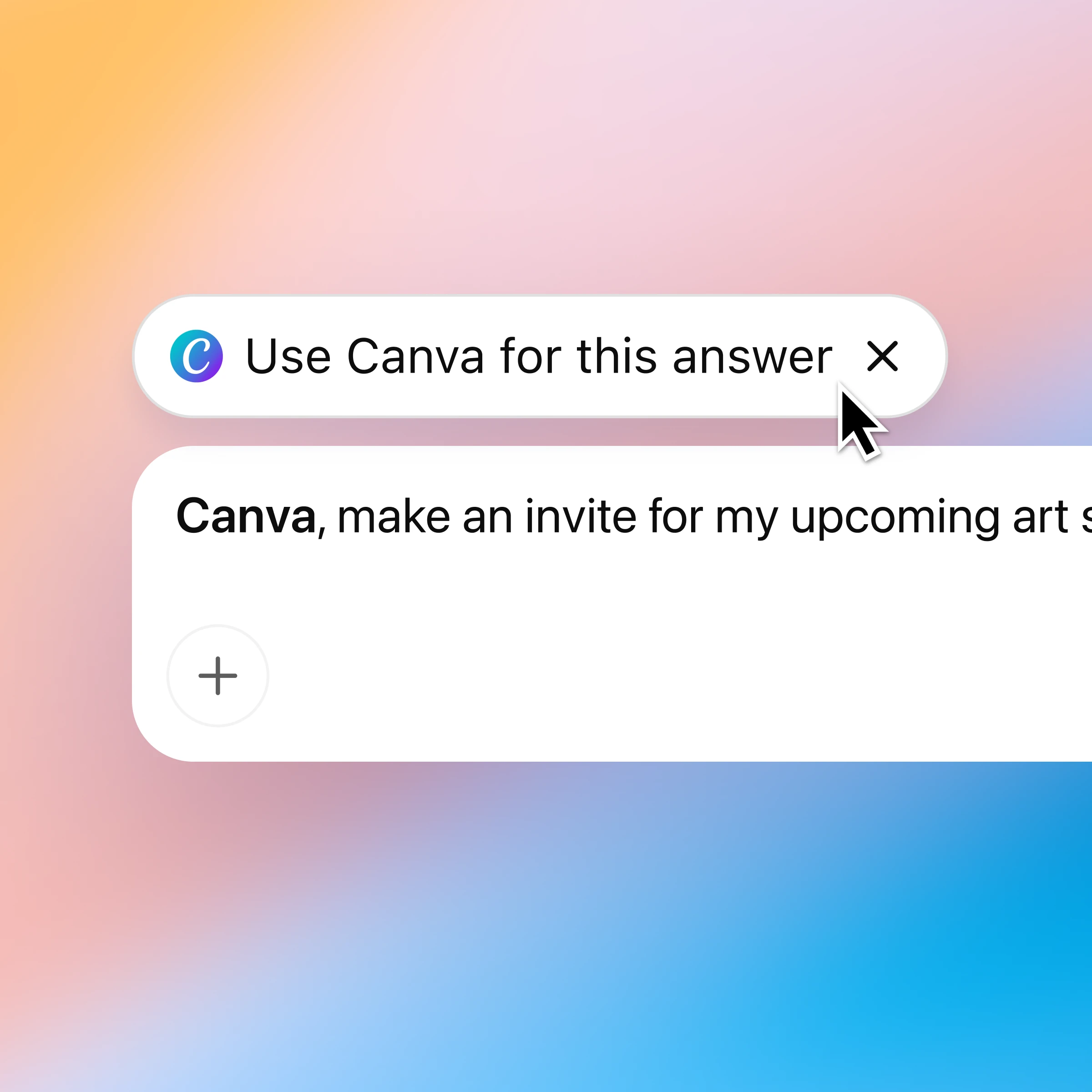 ChatGPT UI showing a floating “Use Canva for this answer” pill with a cursor hovering to route the current request to the Canva app. The element indicates that subsequent prompts will be handled by Canva inside ChatGPT.