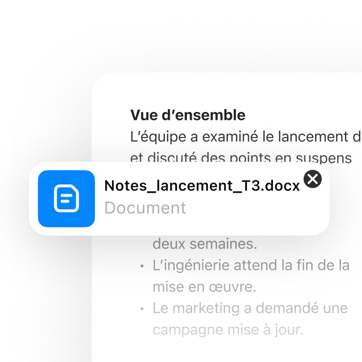 Aperçu d’un document avec une carte de pièce jointe pour « Q3 Launch_Notes.docx », superposé à une vue d’ensemble du projet.