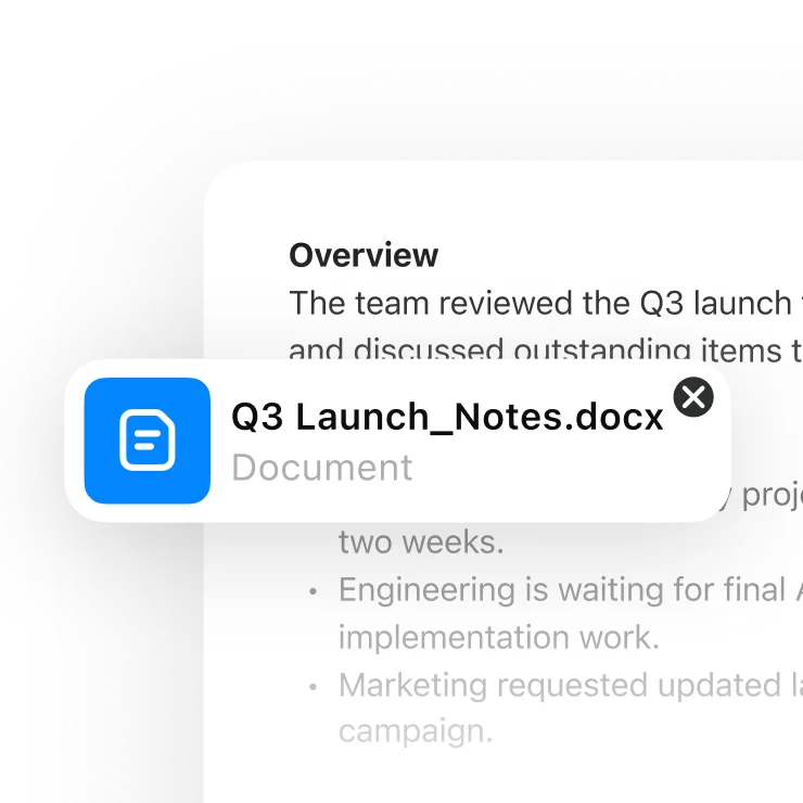 “Q3 Launch_Notes.docx” အတွက် ပူးတွဲဖိုင်ကတ်ပါဝင်သော စာရွက်စာတမ်း အကြိုကြည့်ရှုမှု ပရောဂျက်ခြုံငုံသုံးသပ်ချက်ပေါ်တွင် ထပ်တင်ထားသည်။