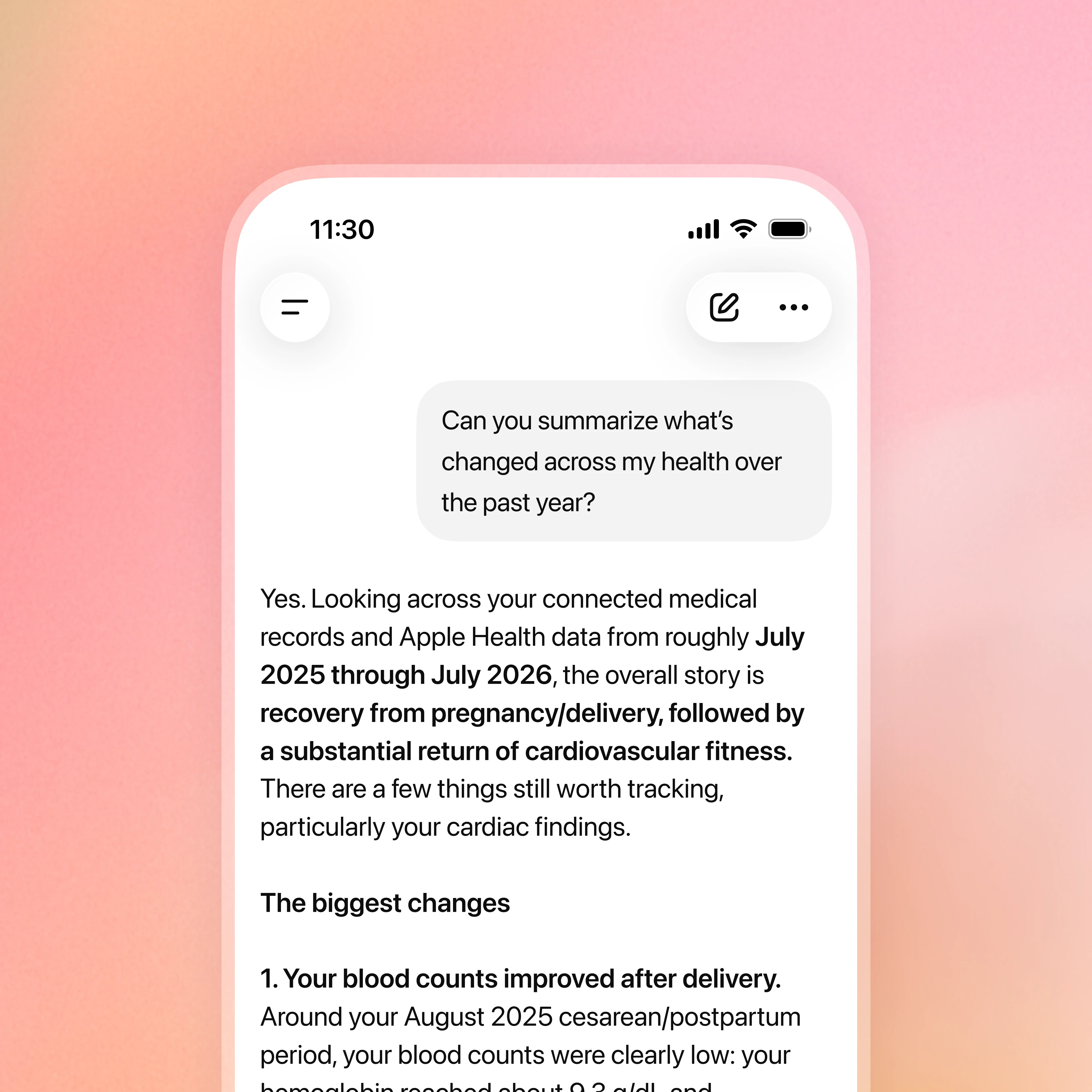 ChatGPT mobile conversation summarizing health changes from connected medical records and Apple Health data.
