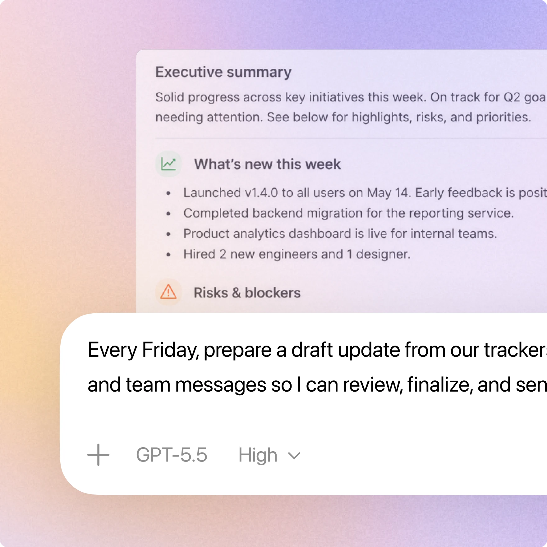 ChatGPT automation prompt preparing a Friday project update from trackers and team messages, with an executive summary in the background.
