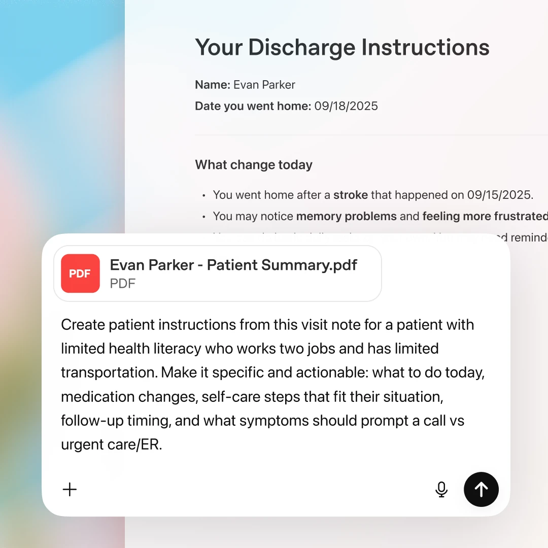 ChatGPT interface displaying discharge instructions alongside a patient summary PDF and a prompt to generate plain-language care instructions for a post-stroke patient.
