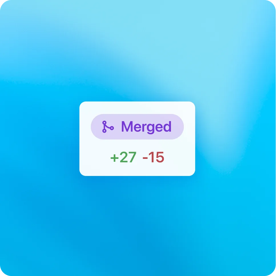 Un piccolo badge dell’interfaccia che indica un merge del codice avvenuto con successo, mostrando “Merged” con +27 aggiunte in verde e –15 eliminazioni in rosso.