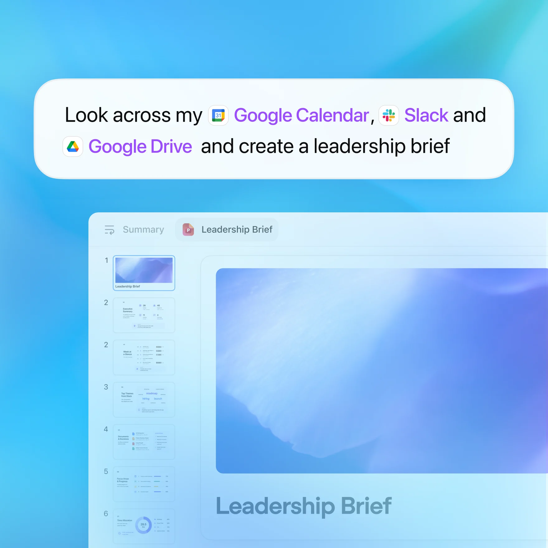 Google カレンダー、Slack、Google ドライブを検索し、経営層向けの要約資料を作成するよう ChatGPT Work に指示するプロンプト。生成されたスライドデッキの上に表示されています。