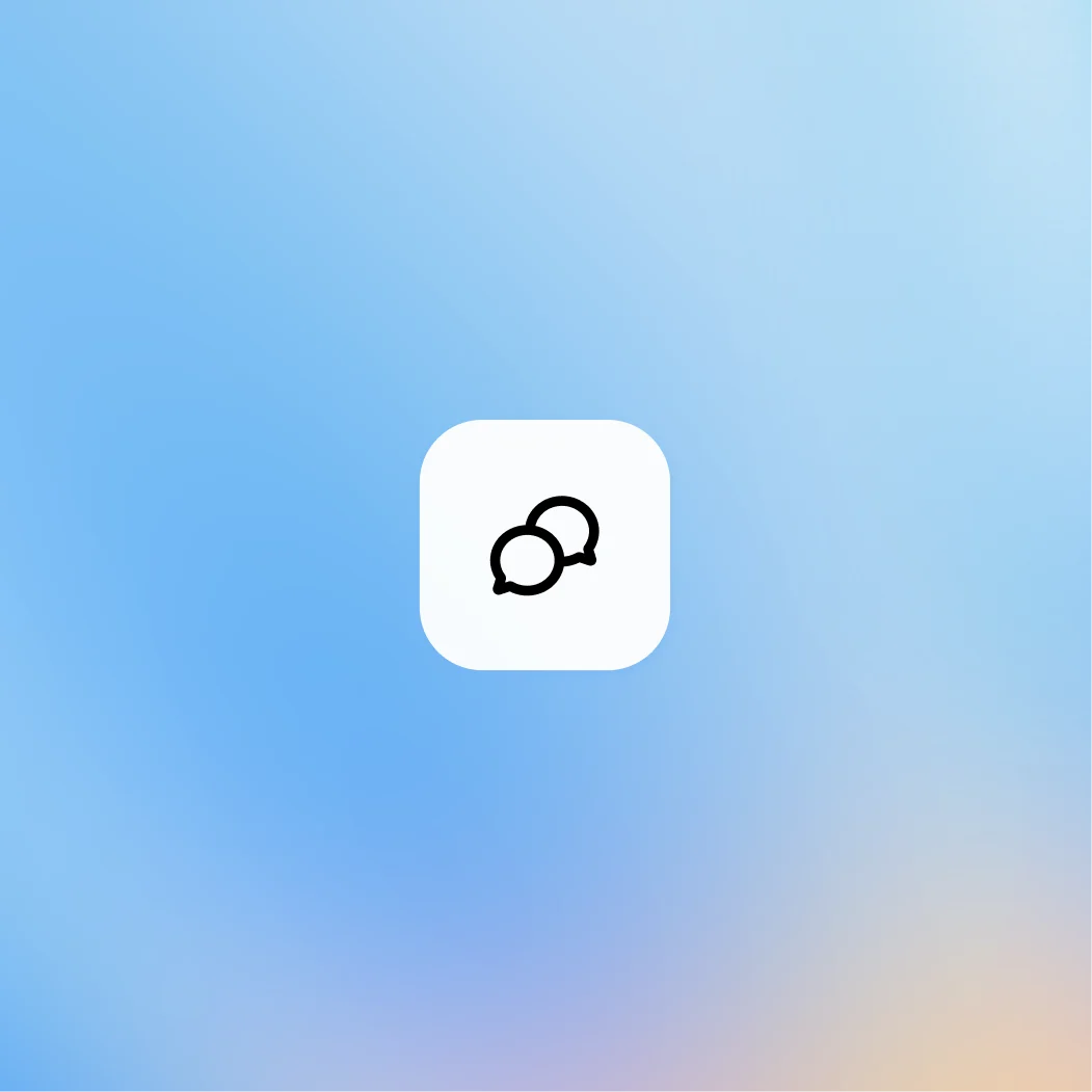 Black overlapping chat bubbles icon centered inside a white rounded square button on a soft blue gradient background.