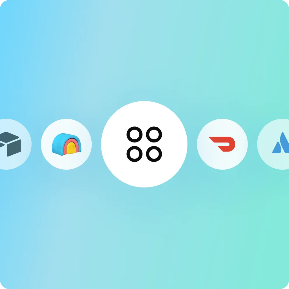 Blue gradient background with a row of circular plugin icons. At the center is a larger white circle with a four-dot symbol, representing ChatGPT or a hub, flanked by smaller icons for connected tools and integrations.