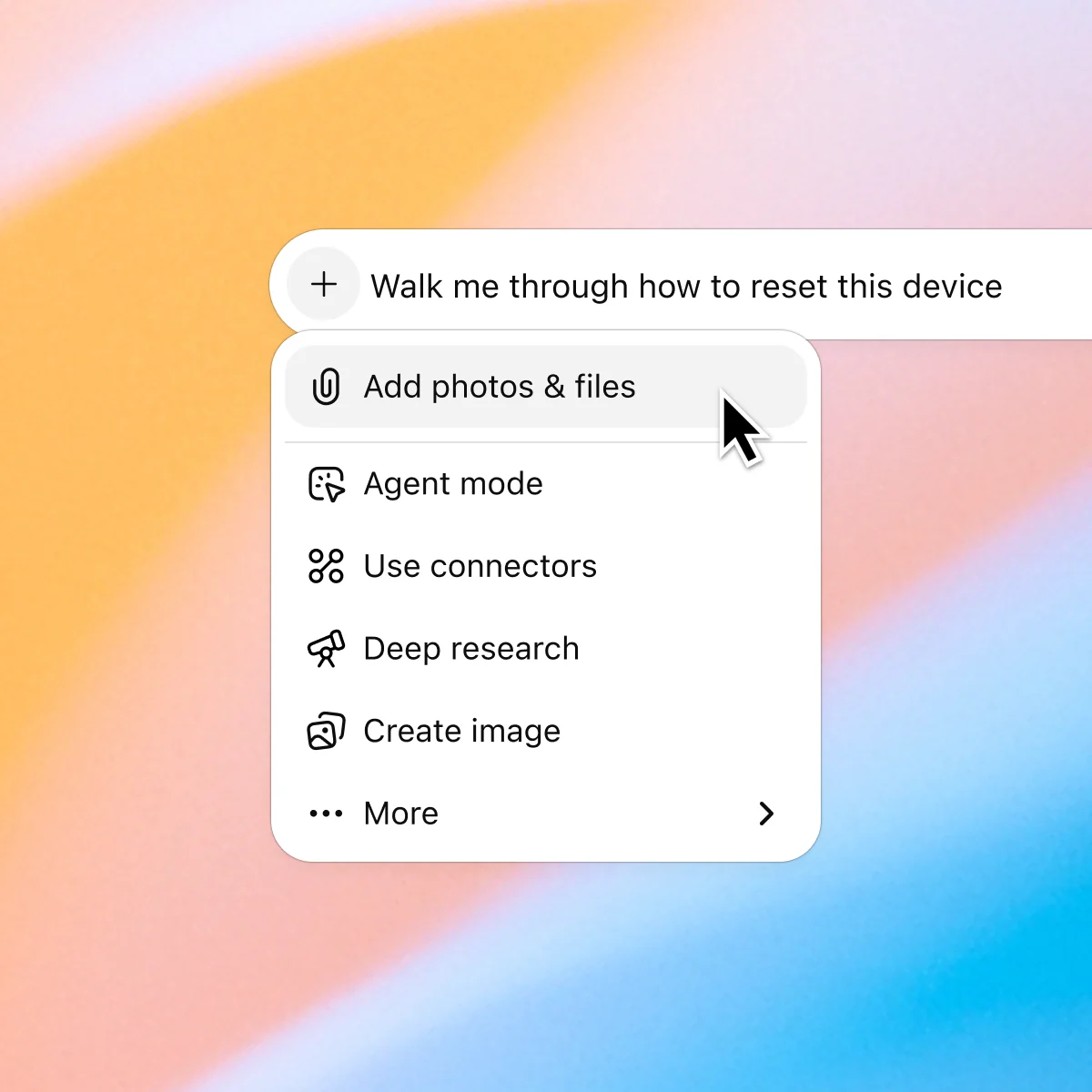 A prompt typed into ChatGPT saying, “Walk me through how to reset this device,” with a dropdown menu open. A cursor highlights the option to “Add photos & files” among other tool options like Agent mode, Use connectors, and Deep research.