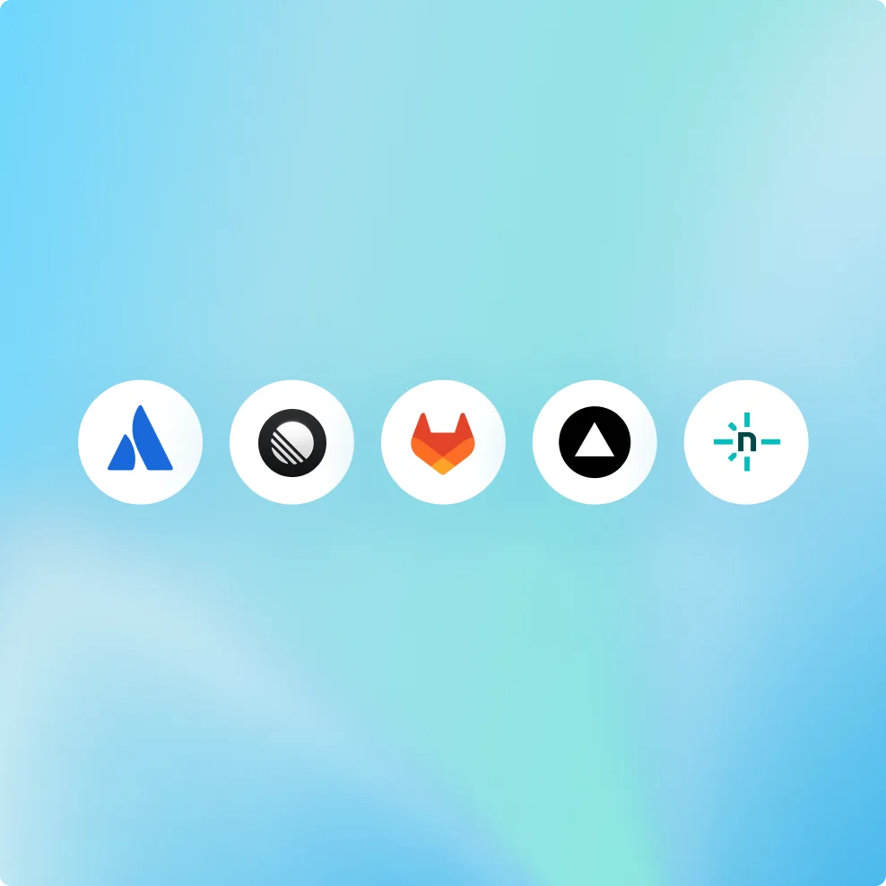 Uma série de ícones circulares sobre um fundo gradiente azul representando ferramentas de engenharia e desenvolvimento, incluindo hospedagem de código, CI/CD, rastreamento de problemas e serviços de infraestrutura conectados ao ChatGPT.