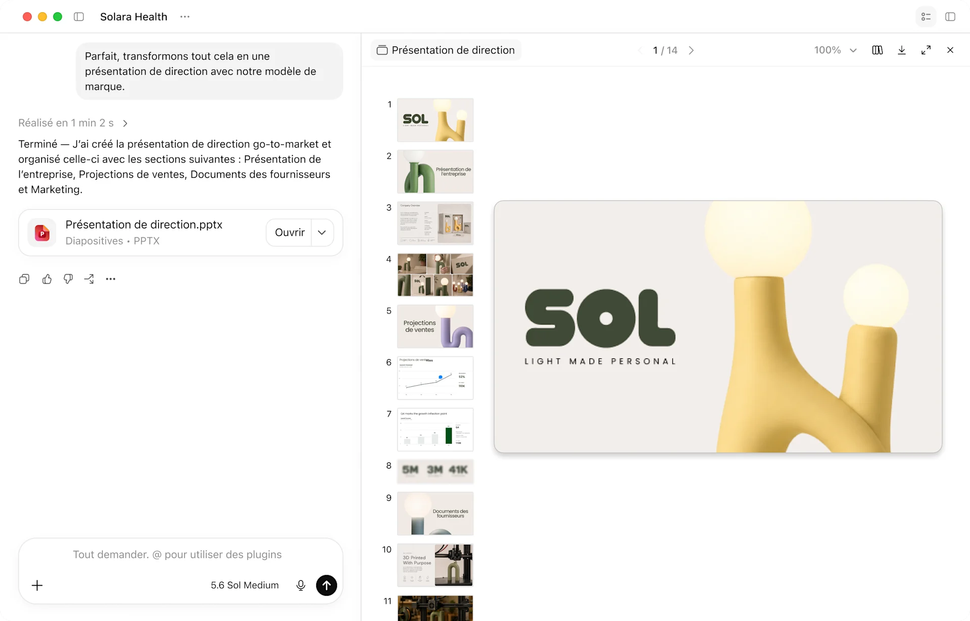 Application ChatGPT affichant un flux de travail de présentation de lancement