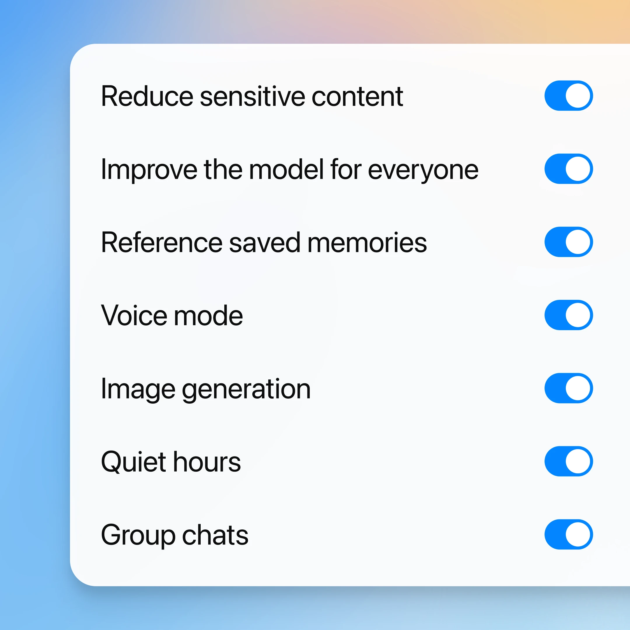 A settings panel with toggles for features like “Improve the model for everyone,” “Reference saved memories,” “Voice mode,” “Image generation,” and “Quiet hours”—all switched on.