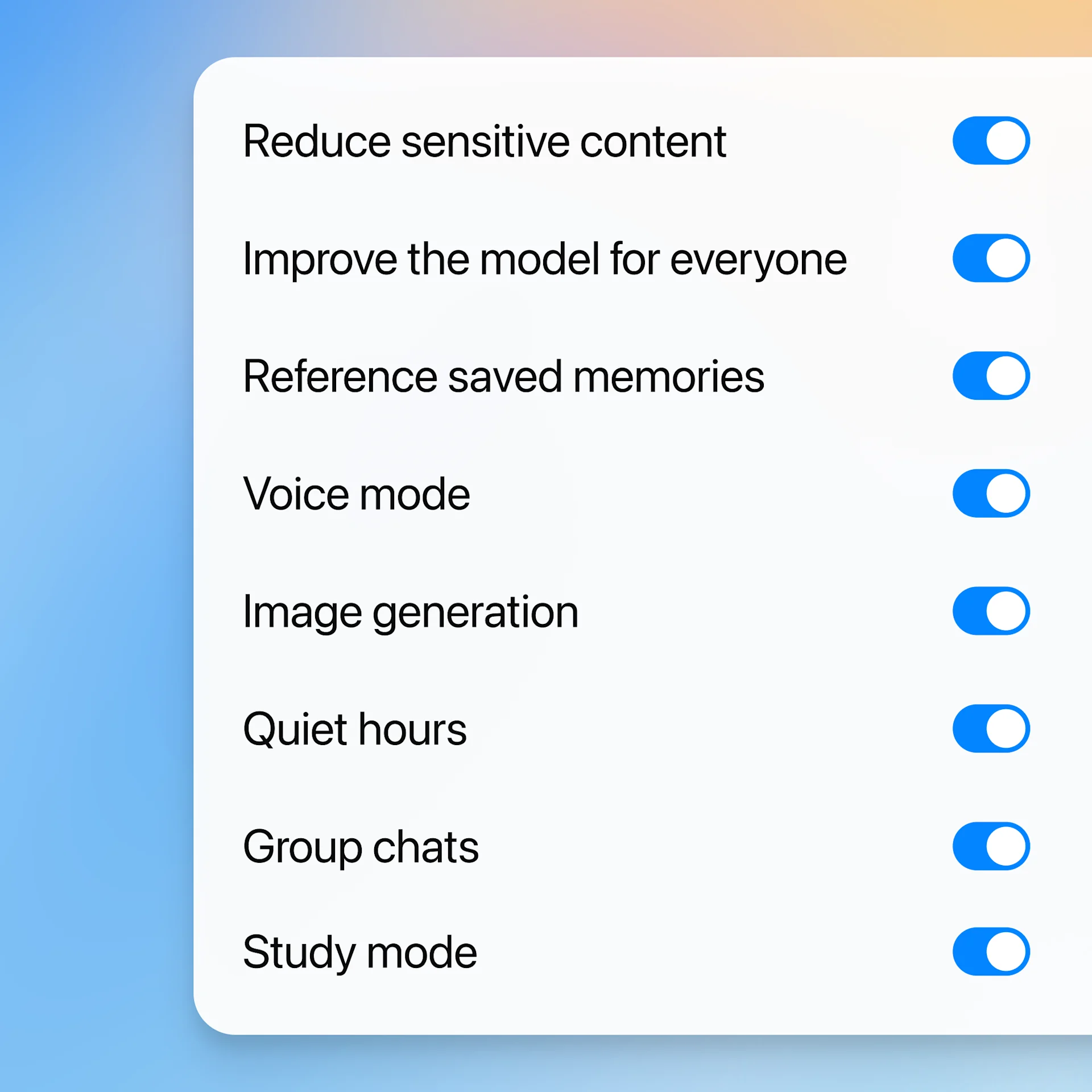 A settings panel with toggles for features like “Improve the model for everyone,” “Reference saved memories,” “Voice mode,” “Image generation,” and “Quiet hours”—all switched on.