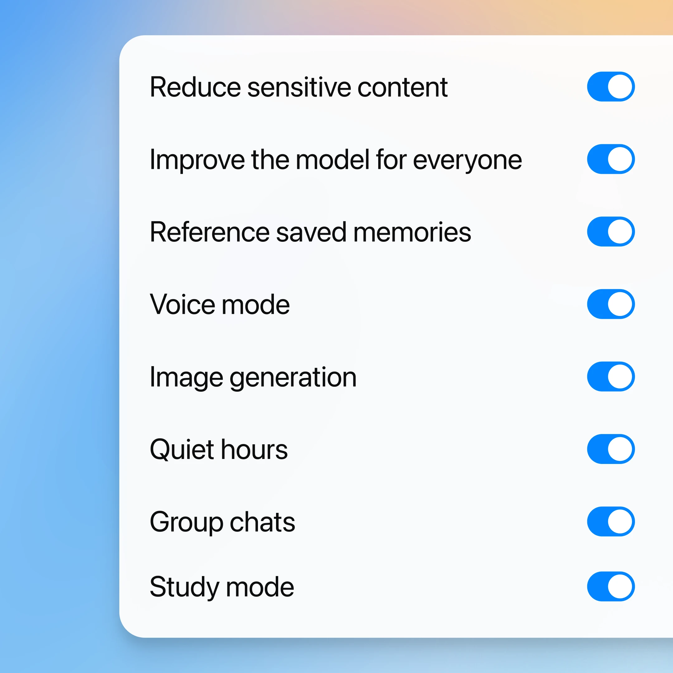 A settings panel with toggles for features like “Improve the model for everyone,” “Reference saved memories,” “Voice mode,” “Image generation,” and “Quiet hours”—all switched on.