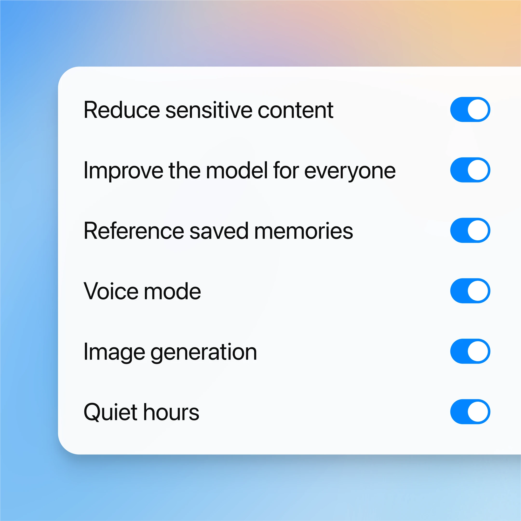 A settings panel with toggles for features like “Improve the model for everyone,” “Reference saved memories,” “Voice mode,” “Image generation,” and “Quiet hours”—all switched on.