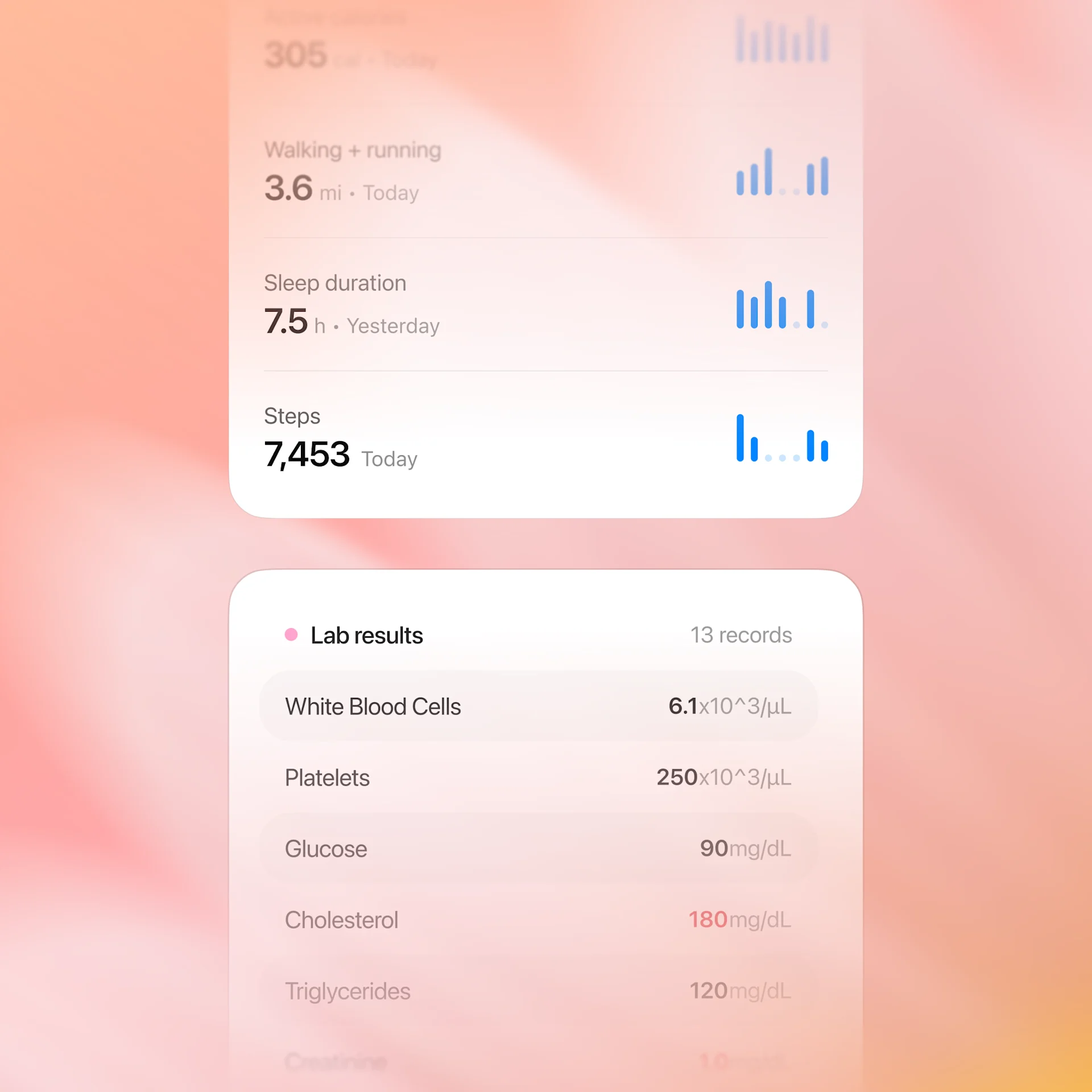 Health dashboard displaying steps, walking distance, sleep duration, and lab results against a pink gradient background.
