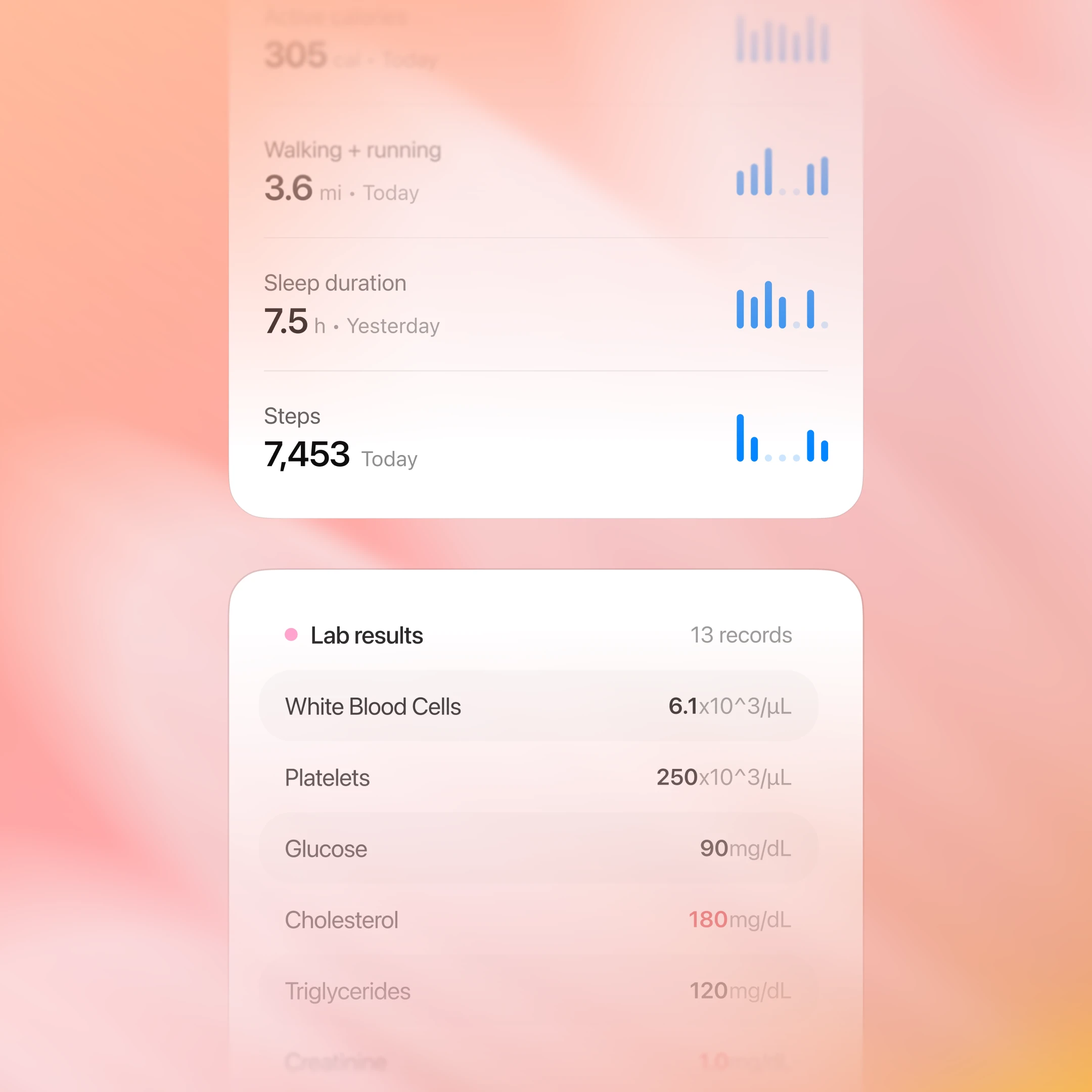 Health dashboard displaying steps, walking distance, sleep duration, and lab results against a pink gradient background.