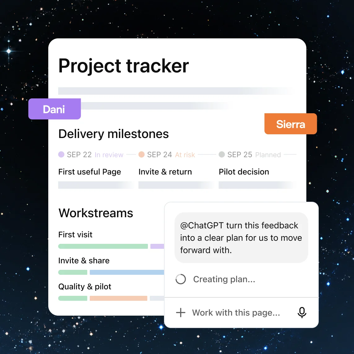 ChatGPT Space의 공동 프로젝트 일정표와 ChatGPT 요청이 보이는 OpenAI 공식 예시
